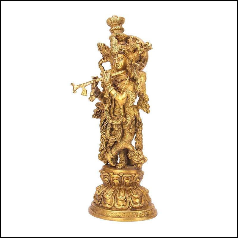 15 Inches Lord Krishna Brass Statue - Green Ninja