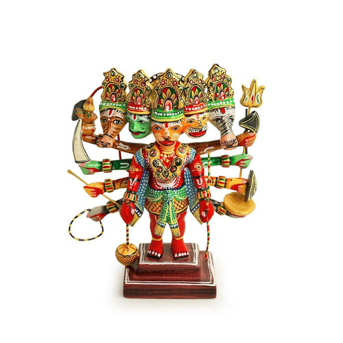 8 Inches Wooden Panchmukhi Hanuman - Green Ninja