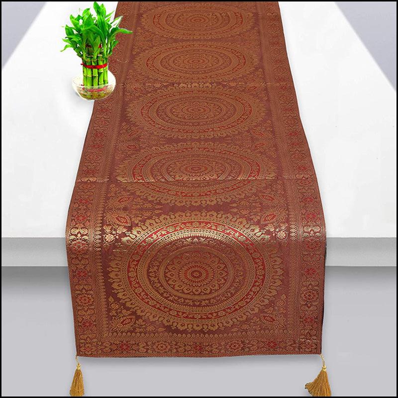 Banarasi Polyester Silk Brown Mandala Table Runner - Green Ninja