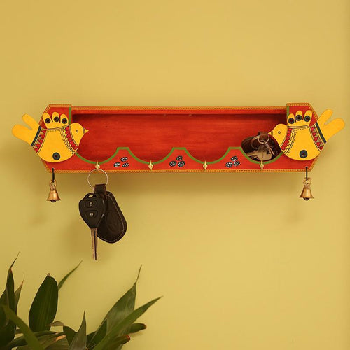 Birds Key Holder With Shelf In Pine Wood - Green Ninja