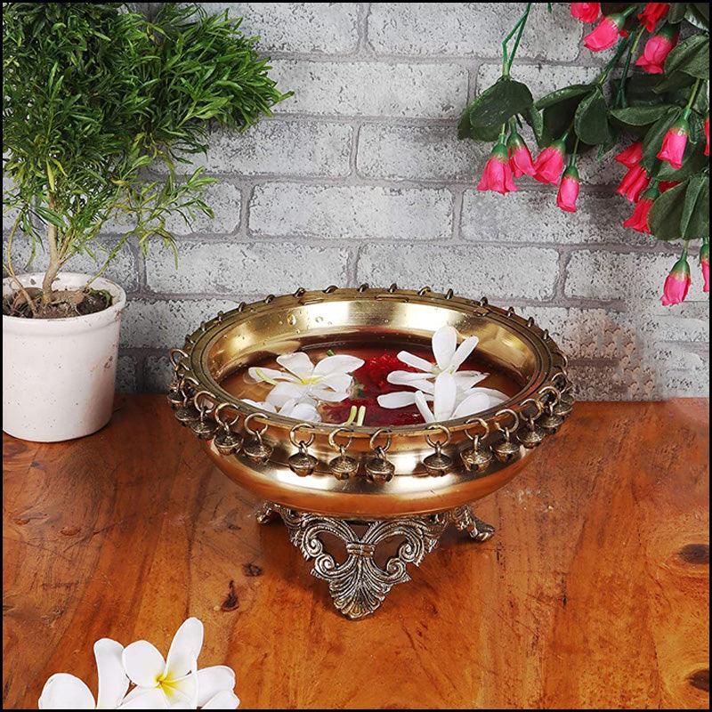 Brass Urli Bowl with Ghungroo on Ethnic Carved Legs - Green Ninja