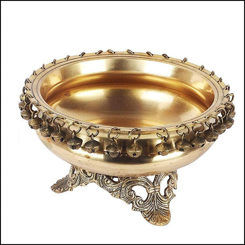 Brass Urli Bowl with Ghungroo on Ethnic Carved Legs - Green Ninja