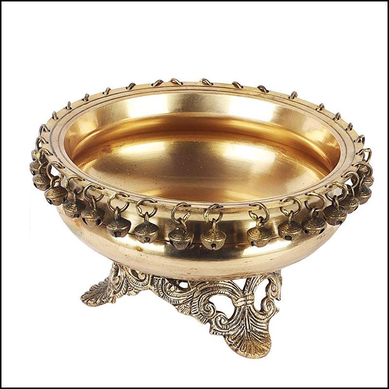 Brass Urli Bowl with Ghungroo on Ethnic Carved Legs - Green Ninja