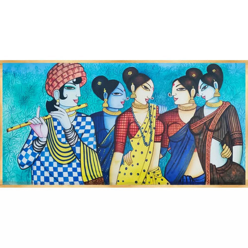 Contemporary Lord Krishna with Gopi landscape canvas art - Green Ninja