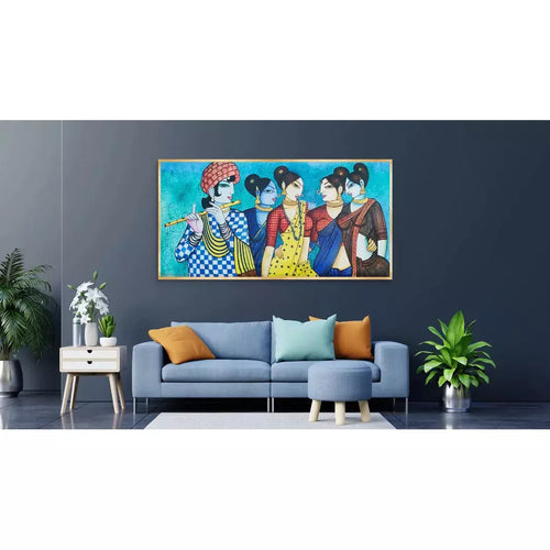Contemporary Lord Krishna with Gopi landscape canvas art - Green Ninja