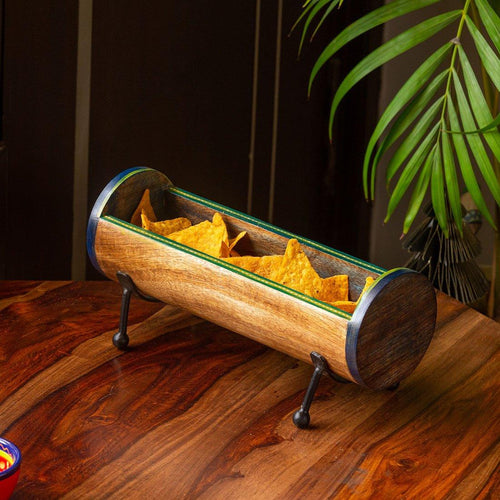Cylindrical Serving Platter With Iron Stand in Mango Wood - Green Ninja