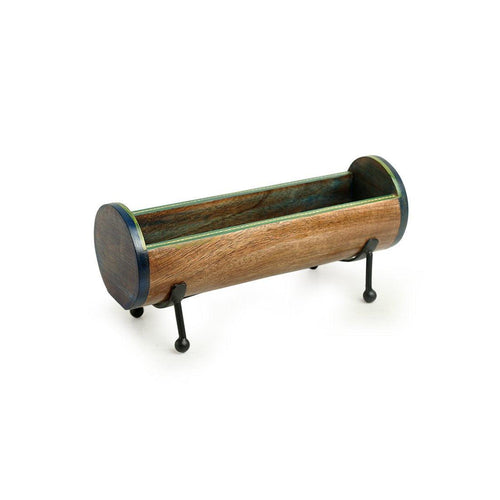 Cylindrical Serving Platter With Iron Stand in Mango Wood - Green Ninja