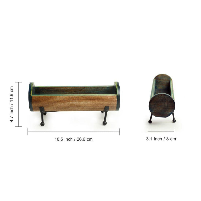 Cylindrical Serving Platter With Iron Stand in Mango Wood - Green Ninja
