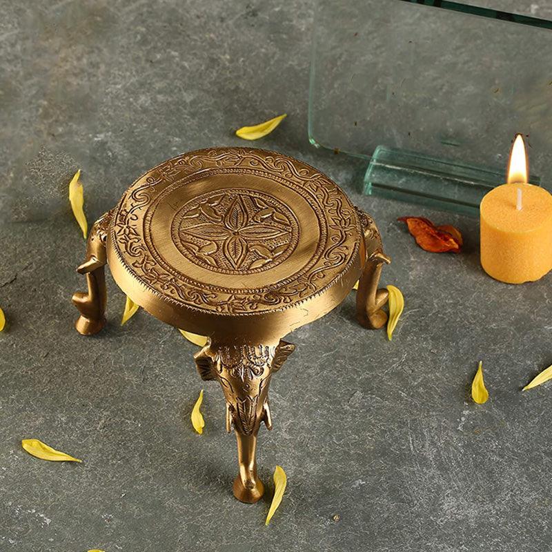 Elephant Pillars Design Brass Chowki - Green Ninja