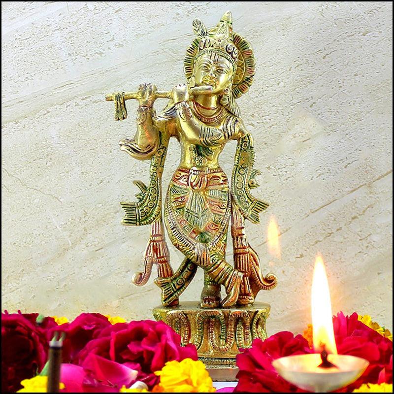 Endearing Brass Krishna Thakurji Idol - Green Ninja