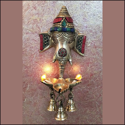 Gemstone Ganesha Wall Diya with Bells - Green Ninja