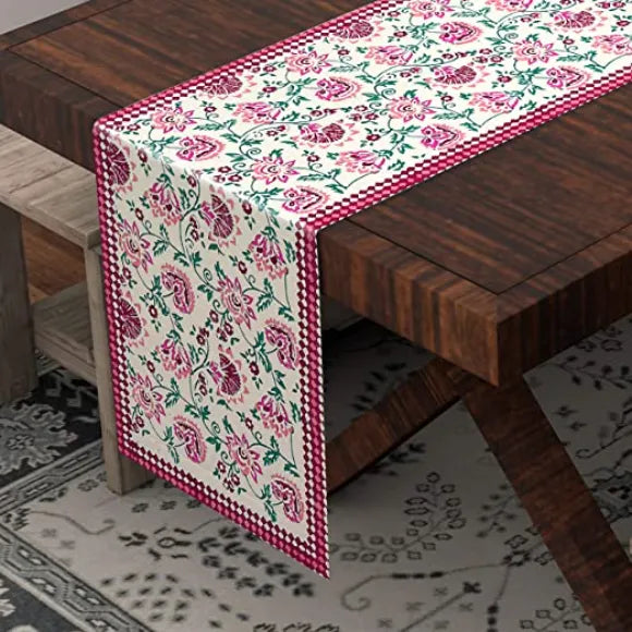 Hand Block Printed Cotton Table Runner - Green Ninja