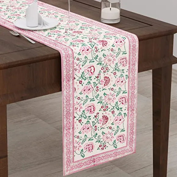 Hand Block Printed Cotton Table Runner - Green Ninja