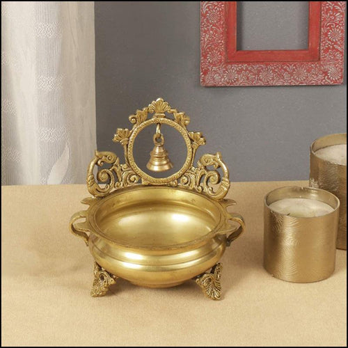 Hand-Carved Brass Urli with Small Bell - Green Ninja