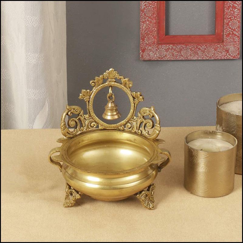Hand-Carved Brass Urli with Small Bell - Green Ninja