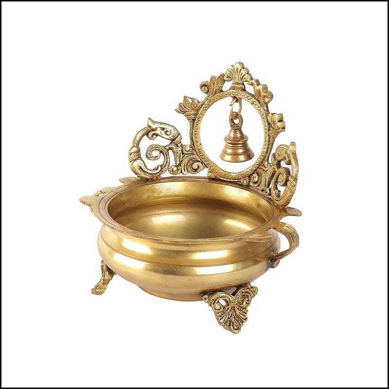 Hand-Carved Brass Urli with Small Bell - Green Ninja