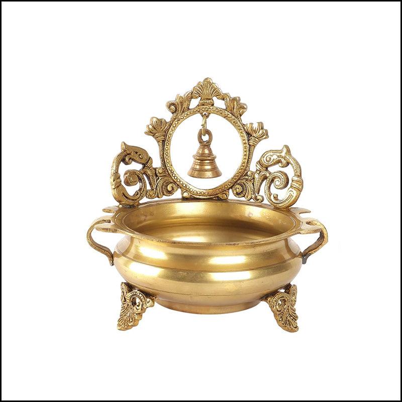 Hand-Carved Brass Urli with Small Bell - Green Ninja