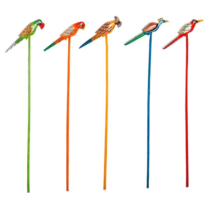 Hand-Painted Wooden Bird Planter Sticks for Garden - Green Ninja