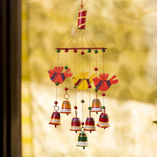 Hand-Painted Wooden Birds & Metal Bells Wind Chime - Green Ninja