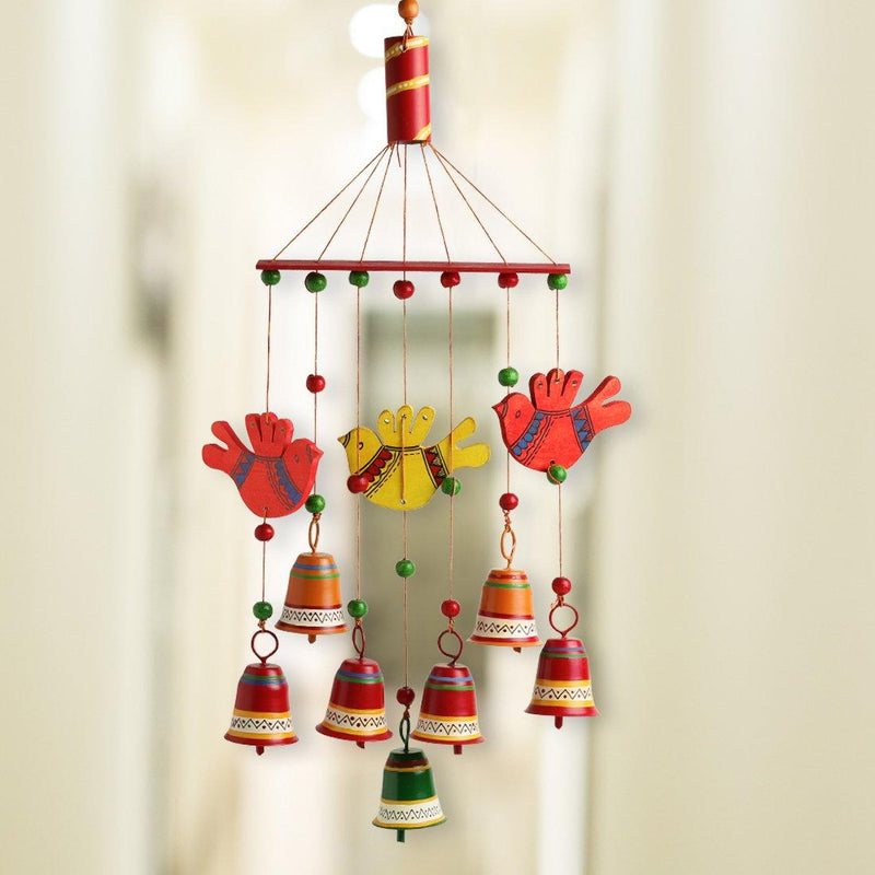 Hand-Painted Wooden Birds & Metal Bells Wind Chime - Green Ninja