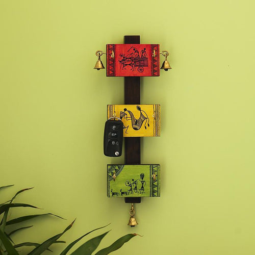 Warli Hand-Painted Wooden Key Holder - Green Ninja