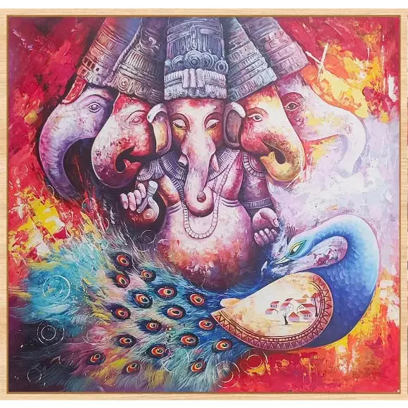 Large Panchmukhi Ganesha Portrait Canvas Art - Green Ninja