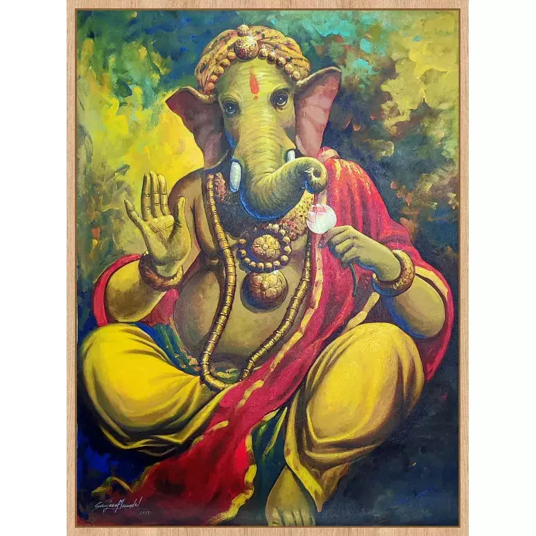Lord Ganesha Blessing Portrait Canvas Art - Green Ninja