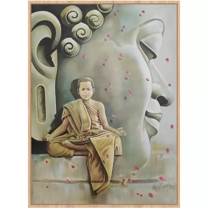 Monk and Buddha Portrait Canvas Art - Green Ninja