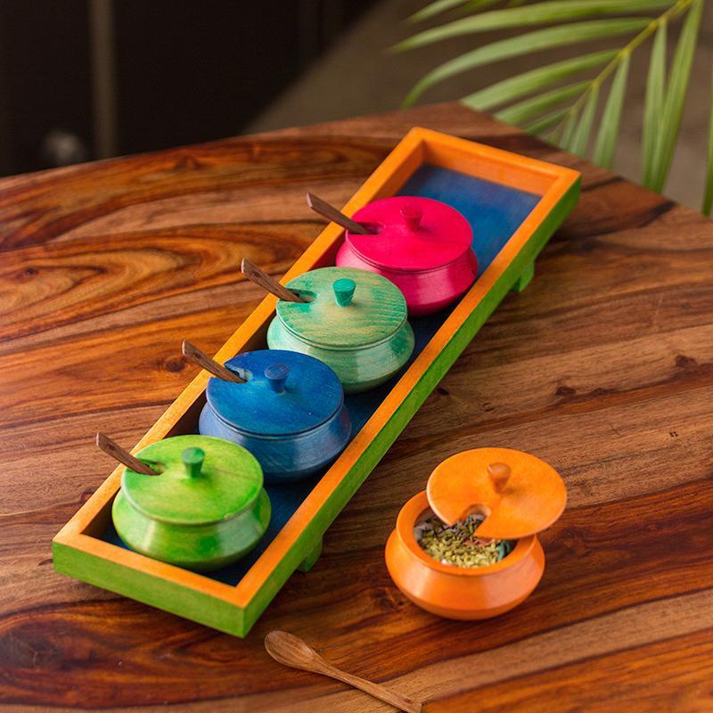 Multicolored Handcrafted Wooden Rectangular Jar Set - Green Ninja