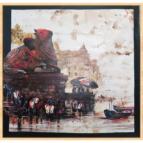 Pooja at Ghat landscape canvas art - Green Ninja