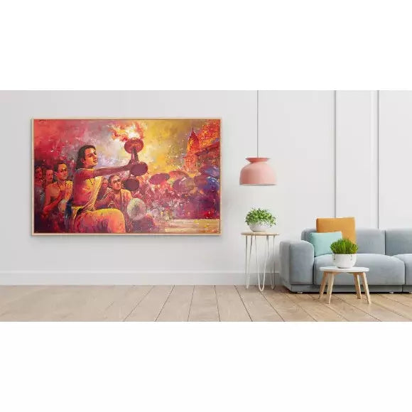 Pooja at Varanasi Ghat Landscape Canvas Art - Green Ninja