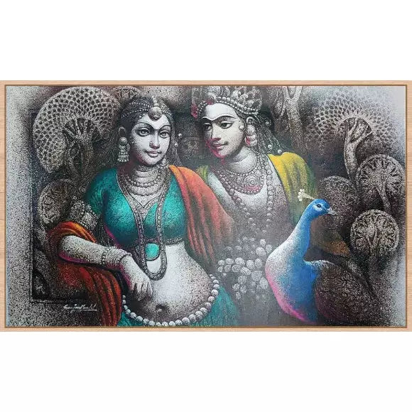 Radha Krishna Monochromatic Landscape Canvas Art - Green Ninja