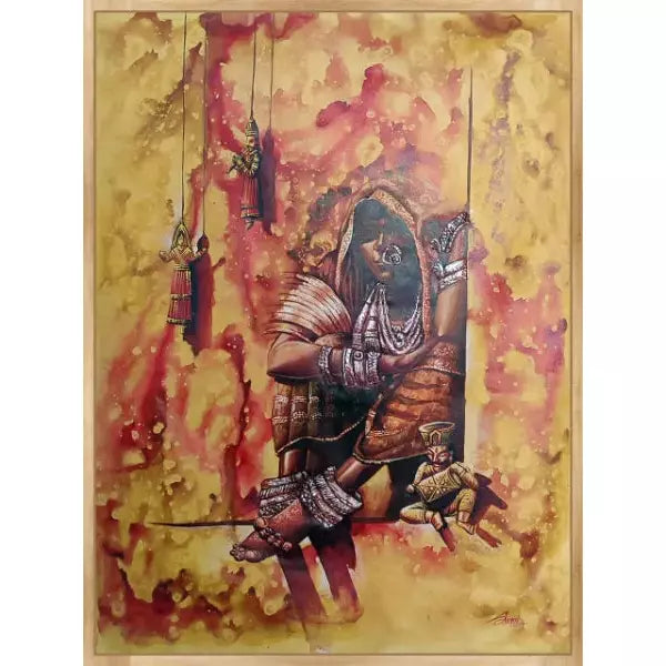 Rajasthani Lady Portrait Canvas Art - Green Ninja