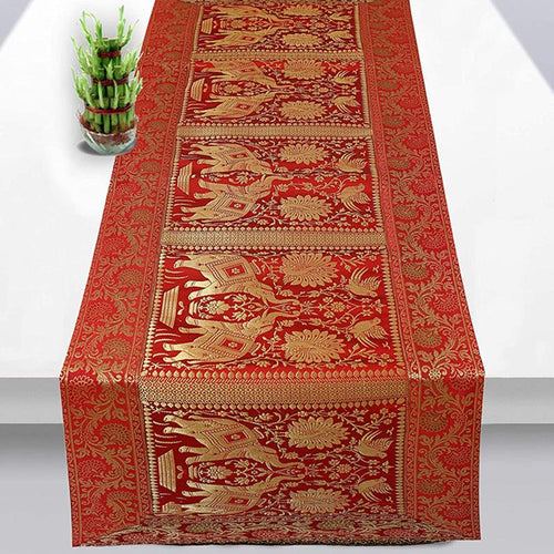 Red Gold Banarasi Brocade Silk Table Runner - Green Ninja