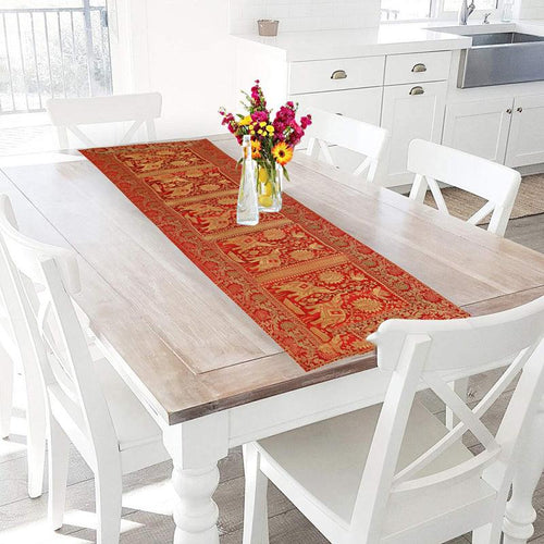 Red Gold Banarasi Brocade Silk Table Runner - Green Ninja