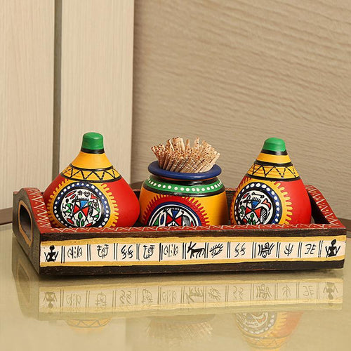 Warli Salt & Pepper Shaker With Toothpick Holder & Wooden Tray - COMING SOON - Green Ninja