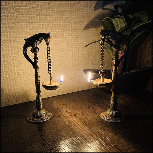 Set of 2 Brass Parrots Hanging Diya - Green Ninja