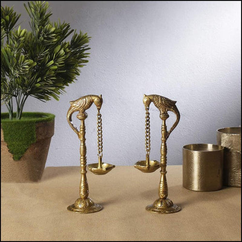 Set of 2 Brass Parrots Hanging Diya - Green Ninja