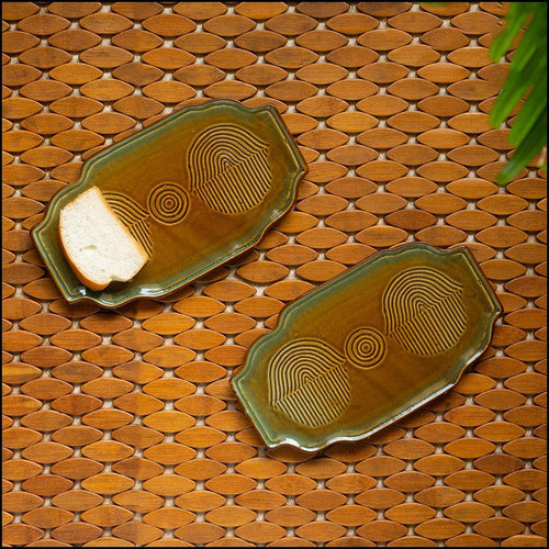 Set of 2 Hand Engraved Ceramic Platters - Green Ninja