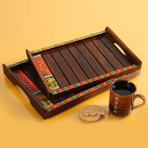 Set of 2 Madhubani Trays In Sheesham Wood - Green Ninja
