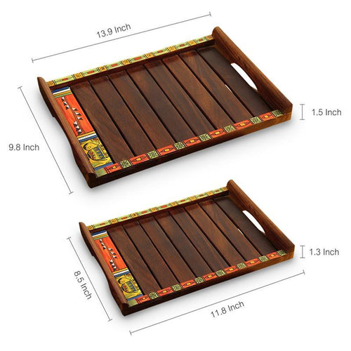 Set of 2 Madhubani Trays In Sheesham Wood - Green Ninja