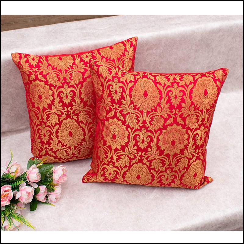 Set of 2 Red Pure Brocade Cushion Covers - Green Ninja