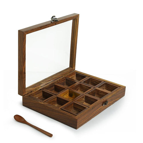 Spice Box With 12 Containers & Spoon In Sheesham Wood - COMING SOON - Green Ninja