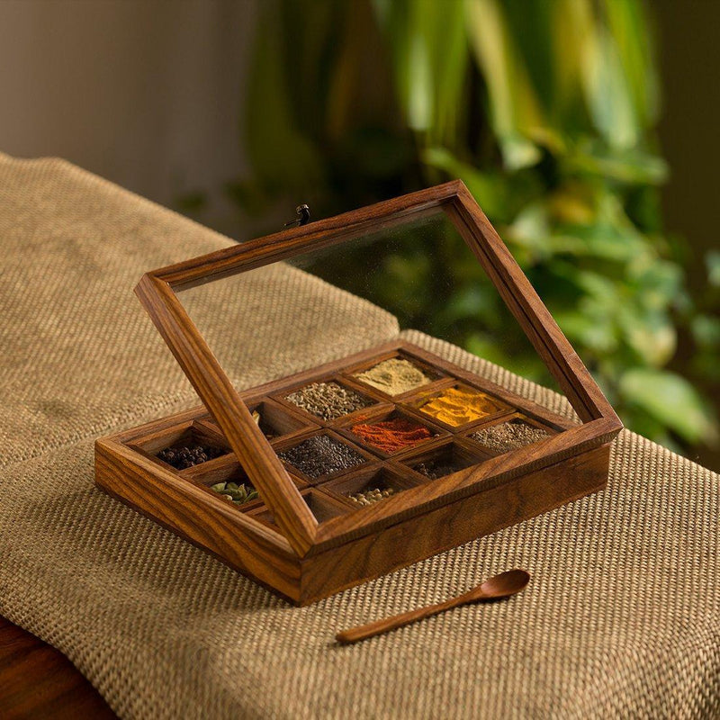 Spice Box With 12 Containers & Spoon In Sheesham Wood - COMING SOON - Green Ninja
