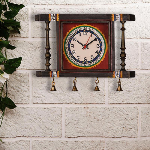 Warli Hand-Painted Wall Clock / Wall Decor In Teak Wood - Green Ninja