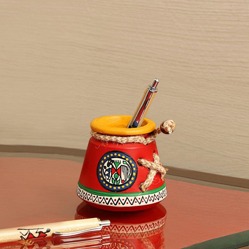 Terracotta Warli Handpainted Pen Stand Knitted Red - Green Ninja