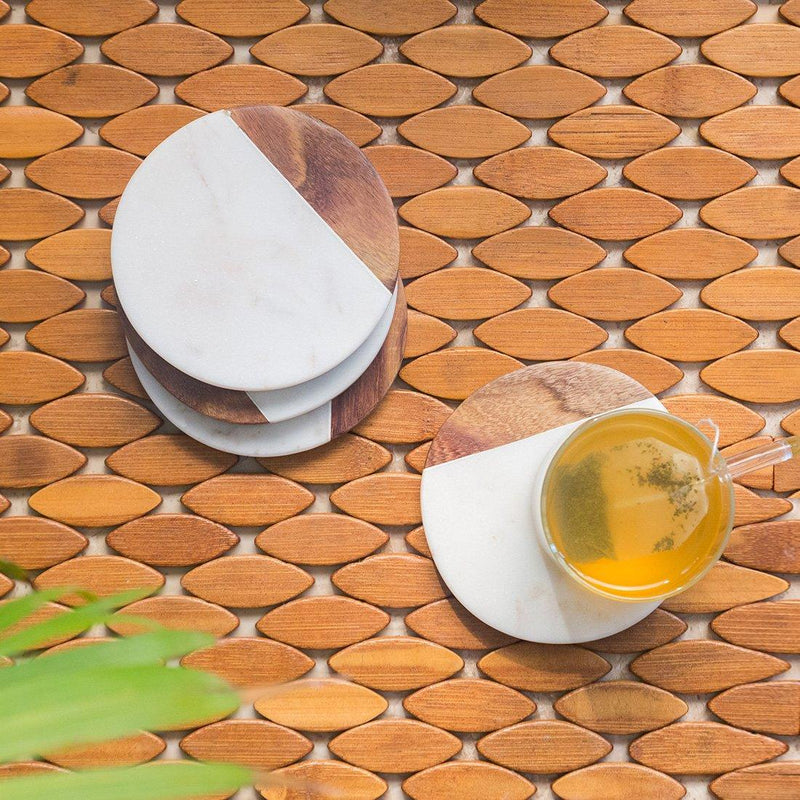White Rounded Coasters Fused With Mango Wood & Marble - Green Ninja