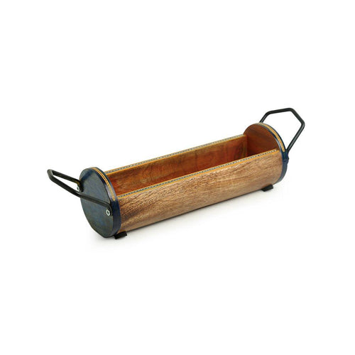 Hand-Painted Cylindrical Serving Platter in Mango Wood & Iron - Green Ninja