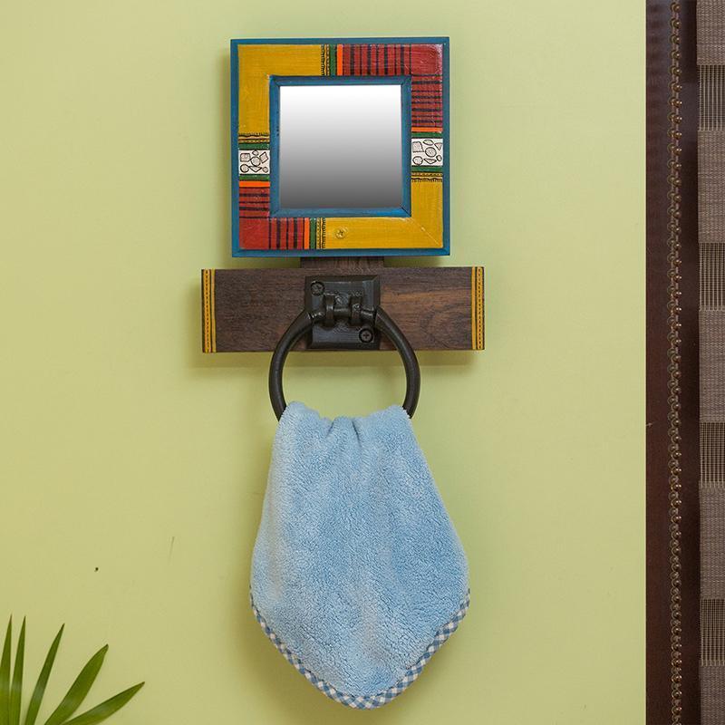 Warli Hand-Painted Wooden Towel Holder with Mirror - Green Ninja