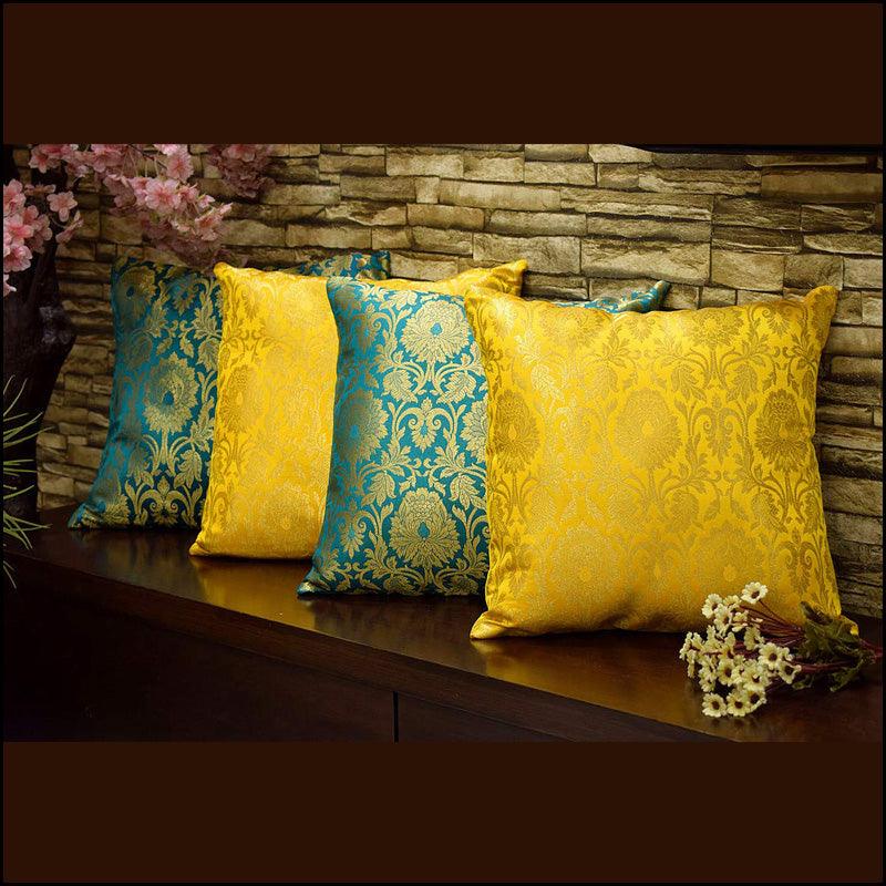 Yellow And Peacock Green Banarasi Cushion Covers - Green Ninja